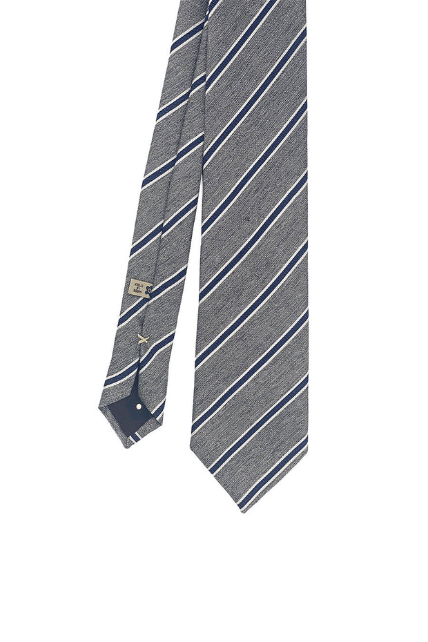 Cravatta grigia a piccole righe blu cucita a mano in pura seta- Fumagalli 1891
