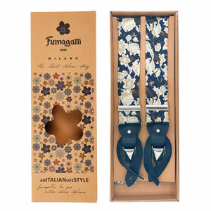TOKYO - Luxury braces blue silk and leather floral design