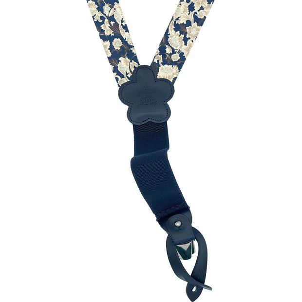 TOKYO - Luxury braces blue silk and leather floral design