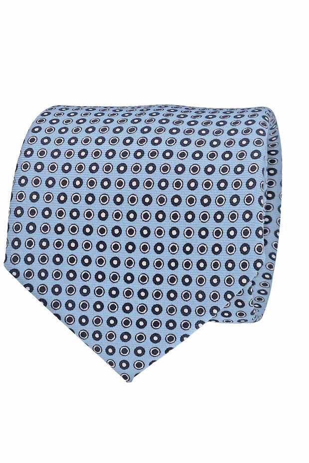 Cravatta in seta stampata azzurro ghiaccio con mini-cerchi archives design