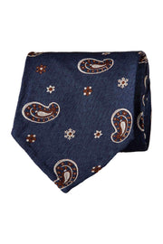 Light blue, white & brown paisley & little diamonds pattern unlined hand made silk tie