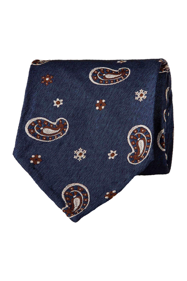 Light blue, white & brown paisley & little diamonds pattern unlined hand made silk tie