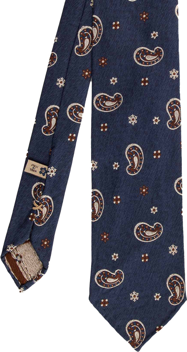 Light blue, white & brown paisley & little diamonds pattern unlined hand made silk tie