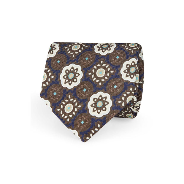 TOKYO - Blue, brown & beige diamonds printed silk hand made tie