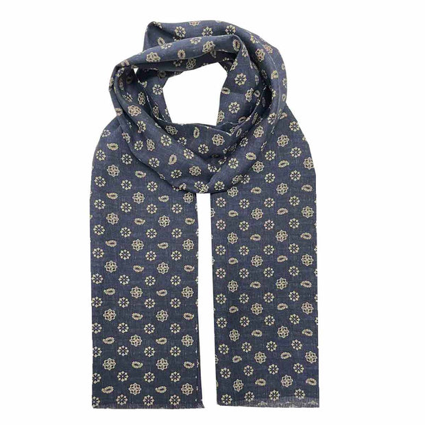Blue beige medallion paisley tubular archive scarf in silk twill