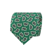 Green silk printed tie with blue paisley archives design