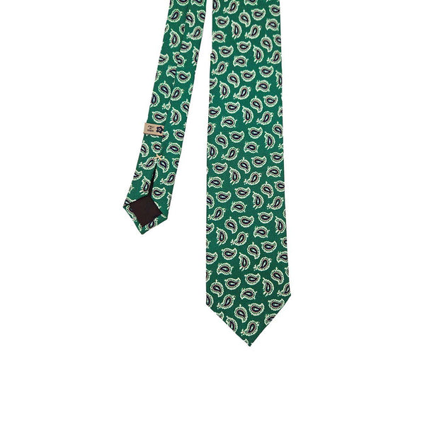 Green silk printed tie with blue paisley archives design