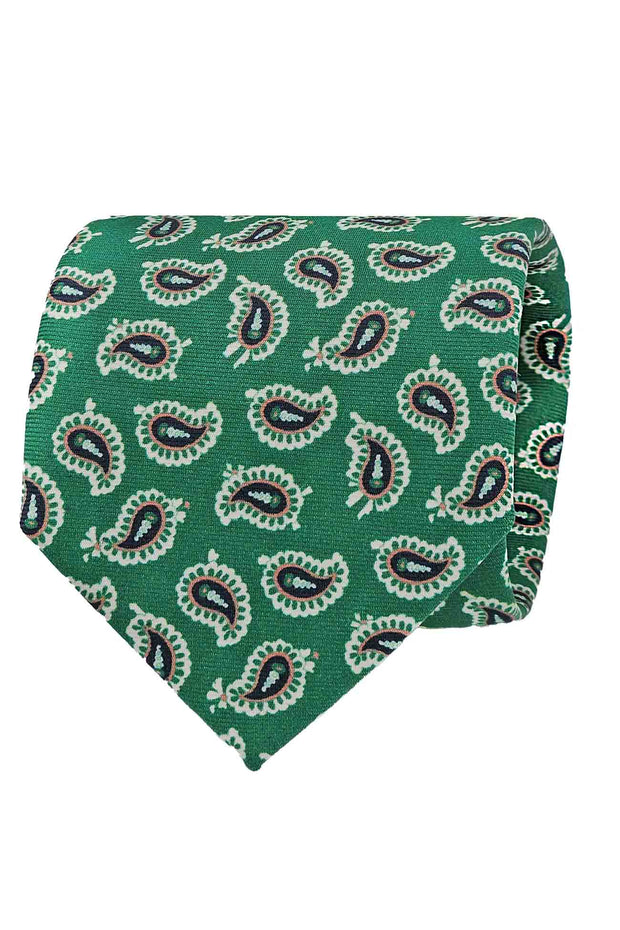 Green silk printed tie with blue paisley archives design