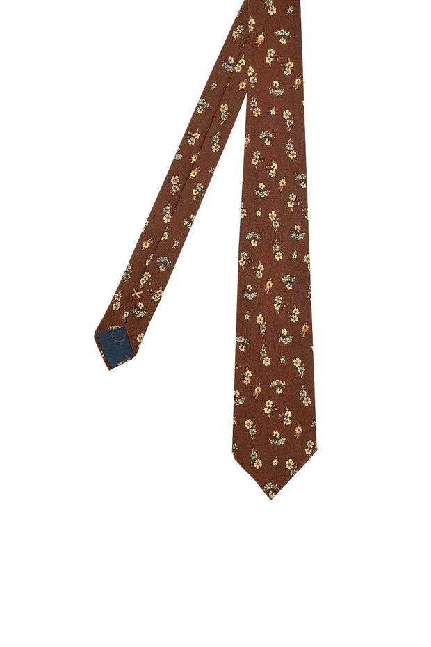 Cravatta stampata d'archivio marrone con piccoli fiori in twill di seta - Fumagalli 1891