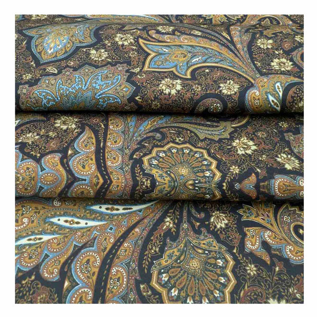 Sciarpa in seta doppiata oro e blu notte con fiori e paisley