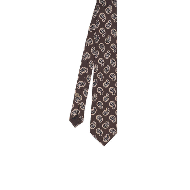 Frown view of brown silk printed tie with macro paisley 