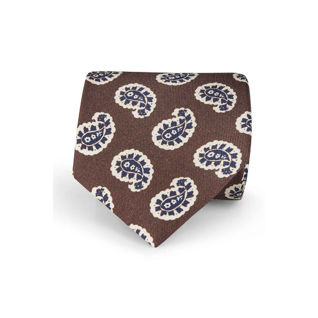 Brown silk printed tie with macro paisley white and blue
