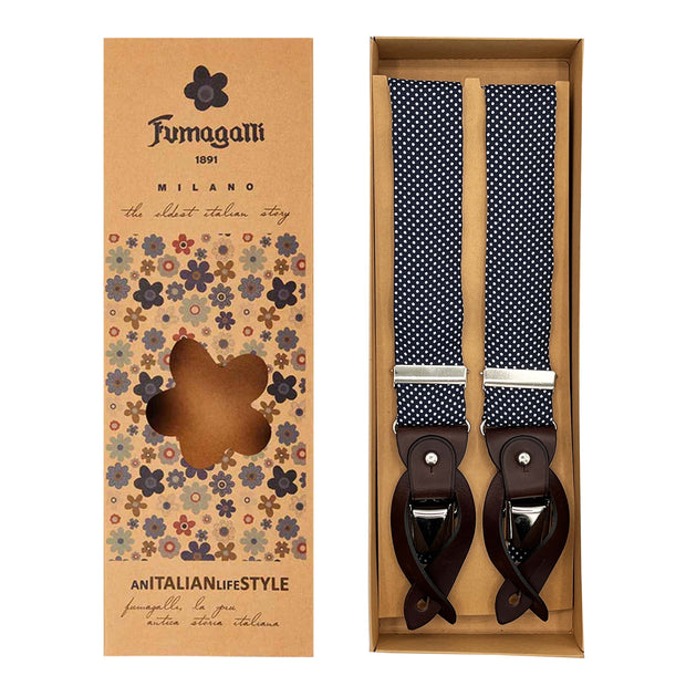 Luxury dark blue silk braces with micro dots pattern