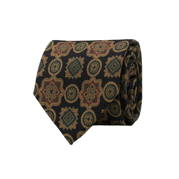 Brown silk hand made tie with medalions
