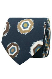 Blue, white and beige geometrical patterned silk printed hand made tie