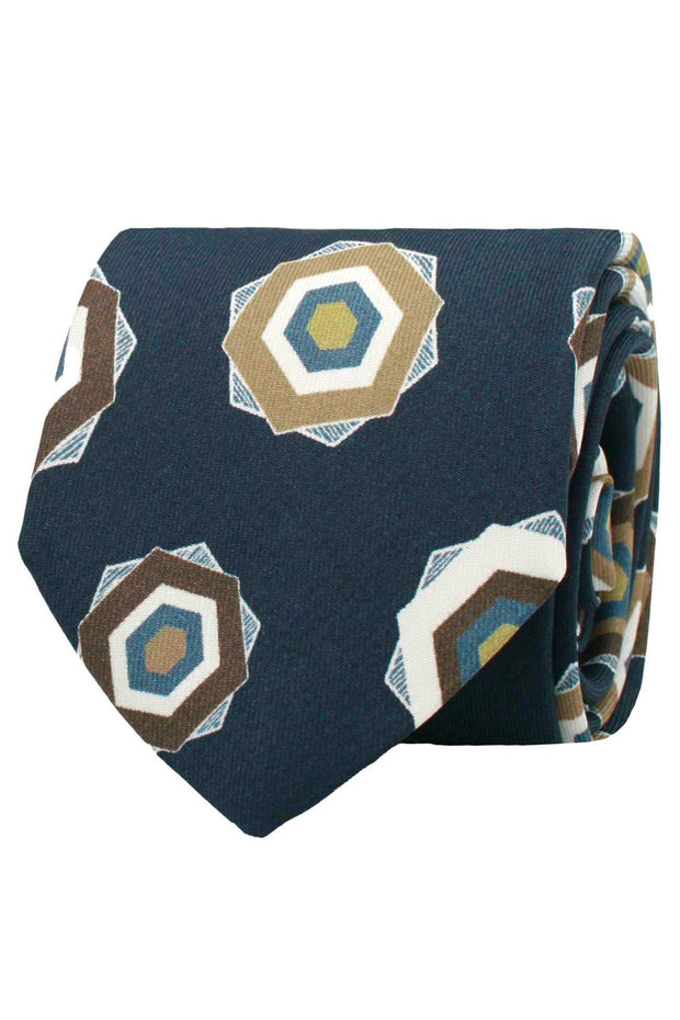 Blue, white and beige geometrical patterned silk printed hand made tie