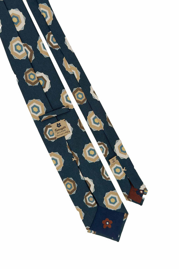 Blue, white and beige geometrical patterned silk printed hand made tie
