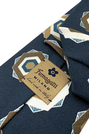 Blue, white and beige geometrical patterned silk printed hand made tie