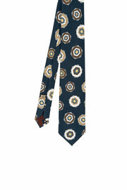 Blue, white and beige geometrical patterned silk printed hand made tie