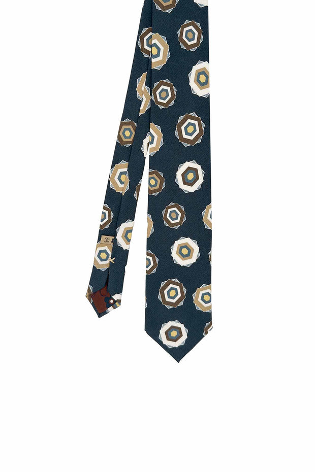 Blue, white and beige geometrical patterned silk printed hand made tie
