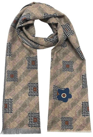 MADRID - Sciarpa d'archivio vintage beige e grigia in soffice lana con medaglioni