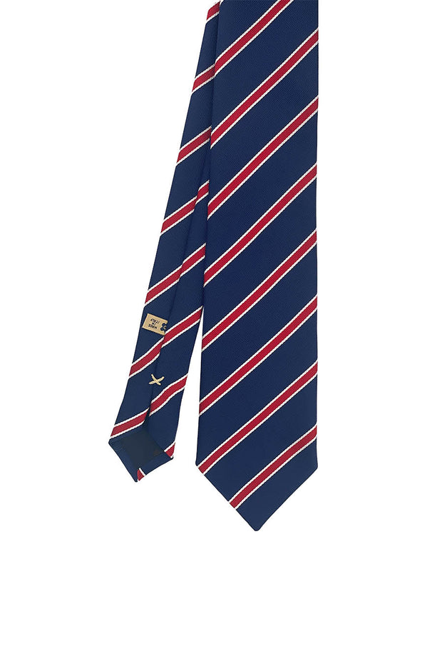Cravatta blu a piccole righe rosse cucita a mano in pura seta- Fumagalli 1891