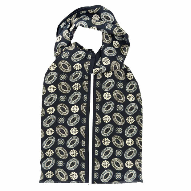 Blue macro medallion printed silk twill tubular scarf