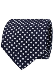 Blue and white printed classic polka dots pattern printed silk tie