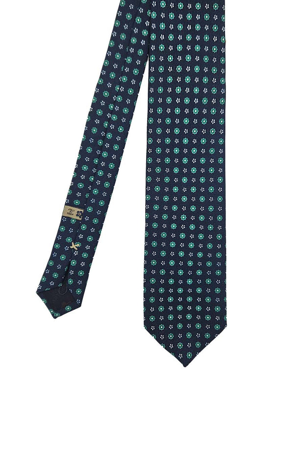 Dark blue classic green floral design printed silk tie