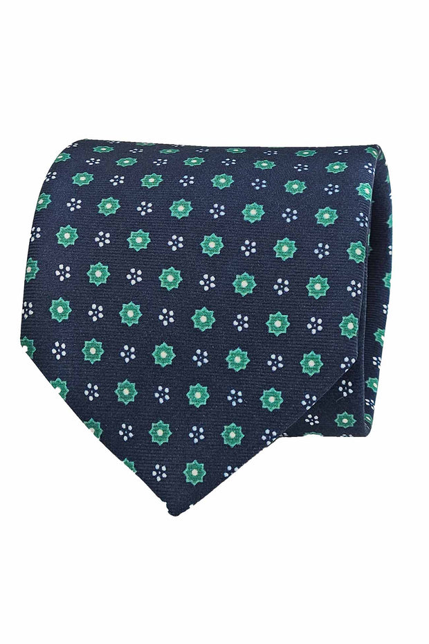 Dark blue classic green floral design printed silk tie