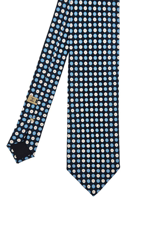 Blue printed silk tie with light blue and white floral pattern