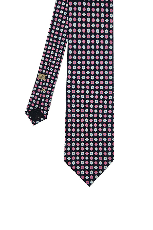 Cravatta in seta stampata blu con pattern floreale rosa e bianco