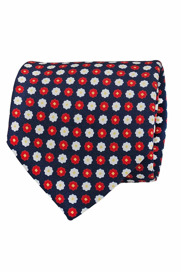 Blue printed silk tie with red and white floral pattern