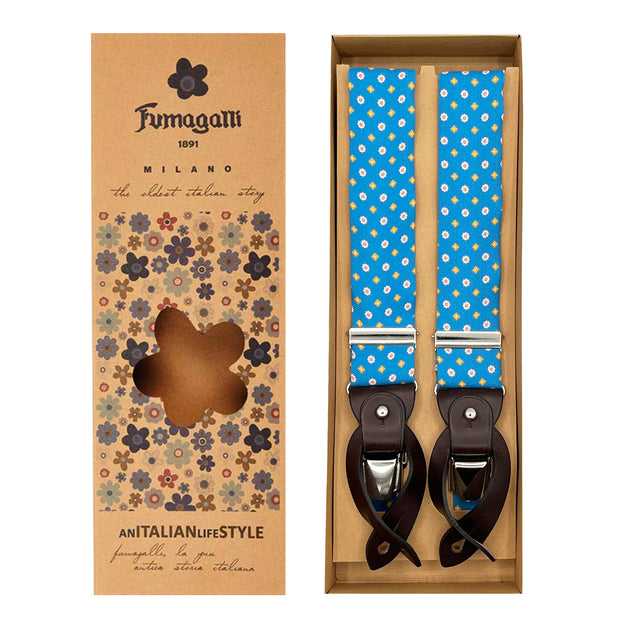 Luxury blue silk braces with little floral pattern