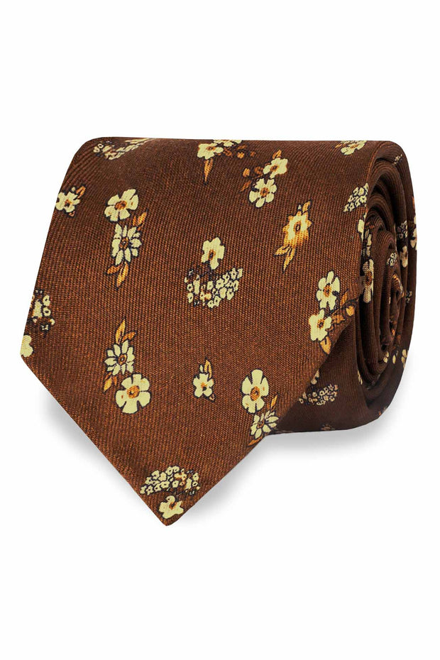 Brown archive tie with small flowers pattern in pure silk printed