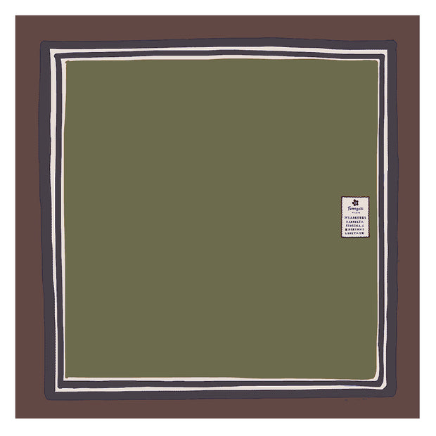 Green plain with brown frame printed silk pocket square