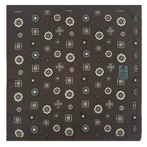 Brown floral and geometrical design silk pocket square