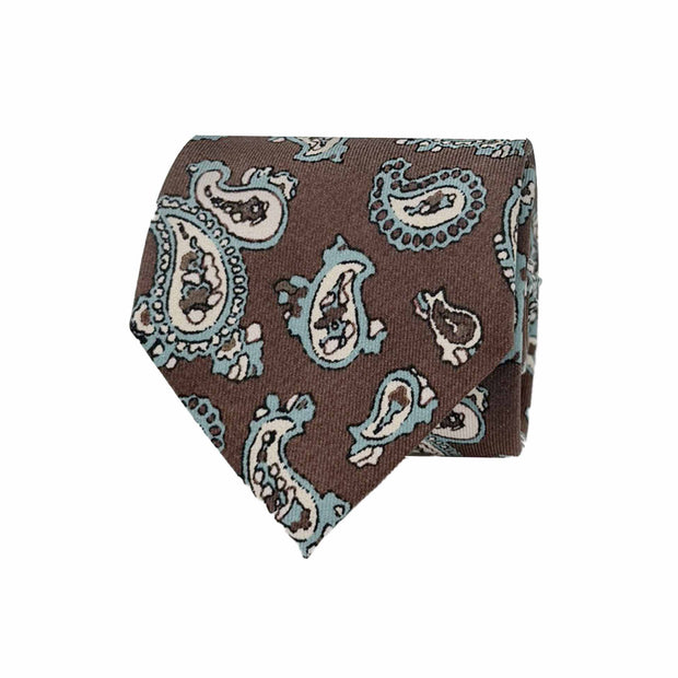 Brown light blue paisley silk melange effect printed silk tie
