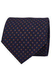 Brown and blue printed classic polka dots pattern printed silk tie