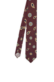 Burgundy medallion and paisley patterned unlined silk printed hand made tie