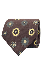 Cravatta stampata marrone con fiori e pattern geometrico 