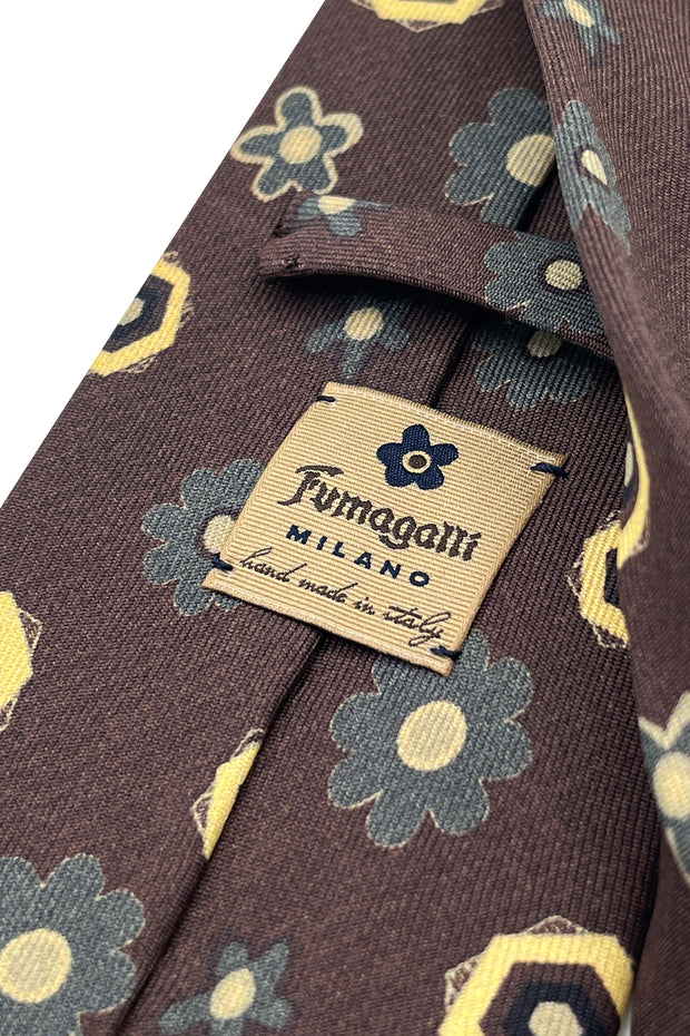 Brown tie with floral and geometric diamonds design