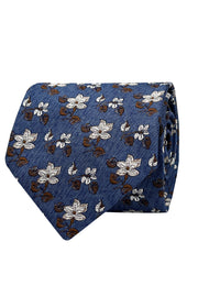 Blue & white floral jacquard silk unlined hand made tie