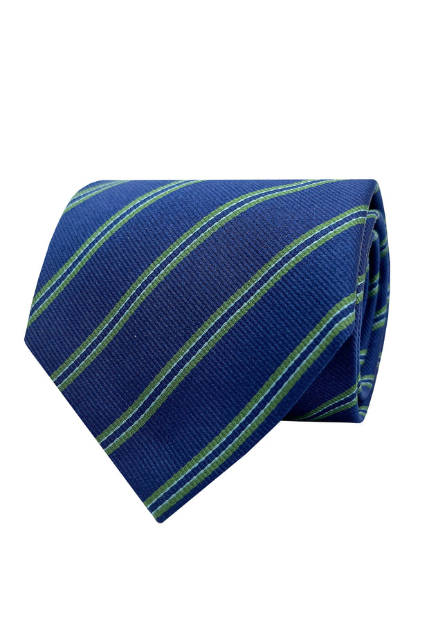 Dark blue and green little striped hand made silk tie