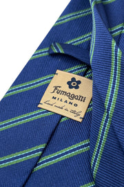 Dark blue and green little striped hand made silk tie