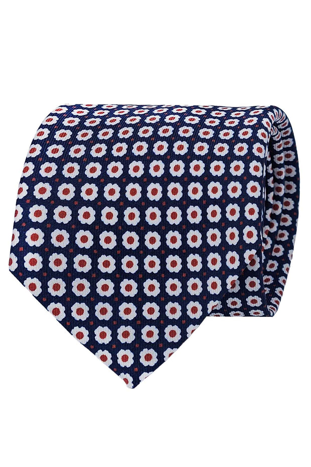 Blue printed silk tie with white floral pattern