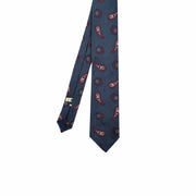 Dark blue & red geometric & paisley jacquard vintage hand made silk tie