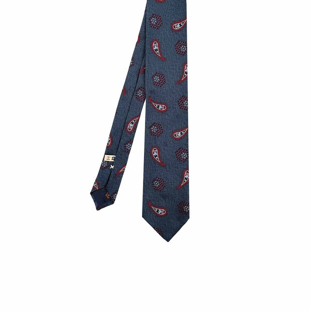 Dark blue & red geometric & paisley jacquard vintage hand made silk tie