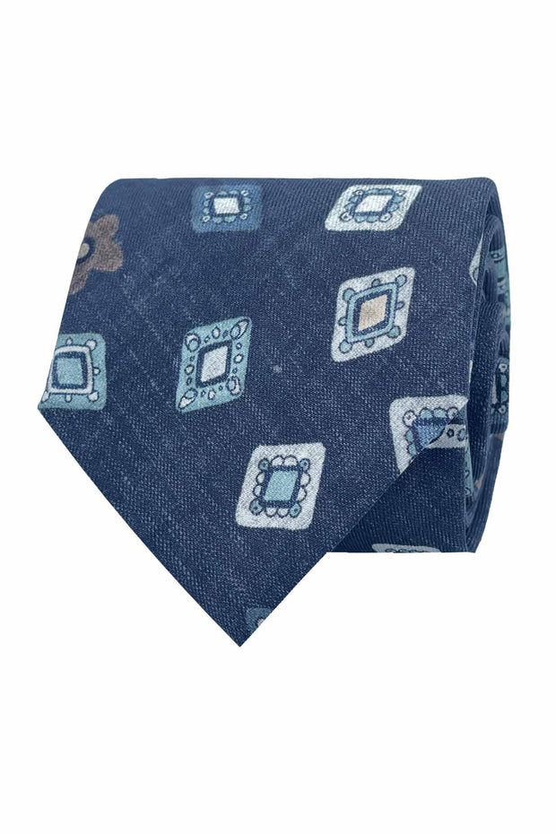 TOKYO - Cravatte blu in seta con medallion stampati