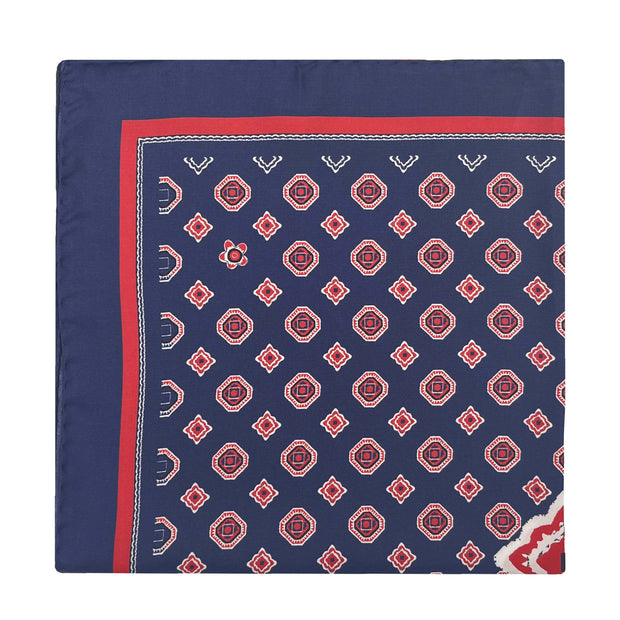 Blue and red neckerchief with geometric diamond pattern